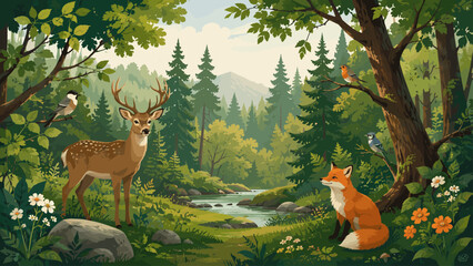 Obraz premium Serene woodland scene with deer, fox, and birds in a lush forest setting