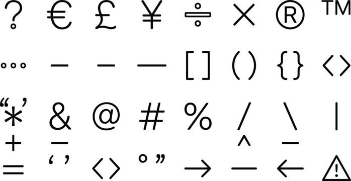 Minimalist Outline Typography Symbol Icon Set with Currency Signs Punctuation Marks Math Operators and Geometric Interface Elements for Web and Graphic Designs