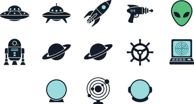 Futuristic Science Fiction and Space Exploration Vector Icon Set Featuring UFO Spaceships Rocket Alien Robot Planets and Radar Monitor Designs