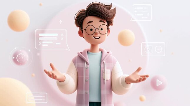 3D cartoon technology presenter explaining concepts with floating holographic UI elements and animated speaking expression. Futuristic soft background showcasing digital learning and innovation.
