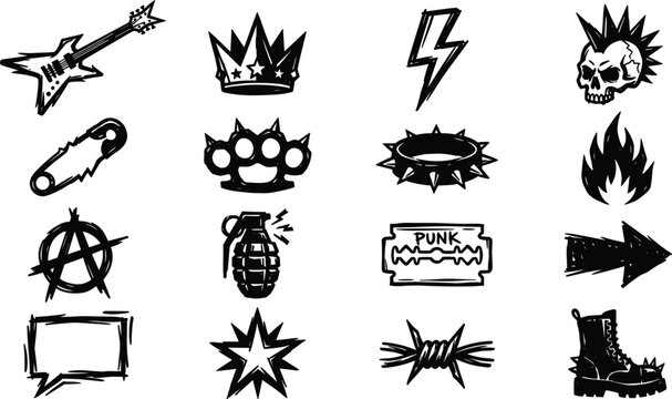Hand Drawn Punk Rock Element Set with Heavy Metal Icons Anarchy Skull Guitar Brass Knuckles and Grungy Subculture Graphics for Edgy TShirt Designs