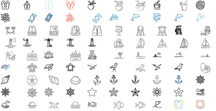 90 Ocean and Nautical Vector Icon Set and Bundle featuring Minimalist Symbols for Beach Flip Flops, Coconut Drinks, Coral Reefs, Marine Life, and Coastal Summer Themes.