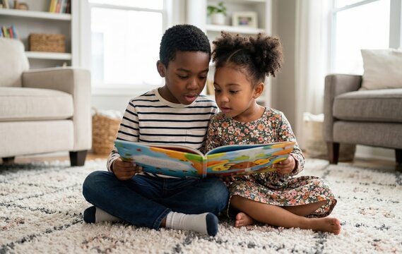 Young siblings reading a book together on the floor at home