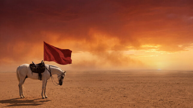 Lonely White Horse with Blank Red Flag in Vast Empty Desert Plain