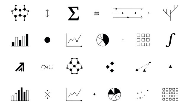 Mathematical and scientific notation icons set including integration sigma and molecular structure symbols on transparent background for academic use.