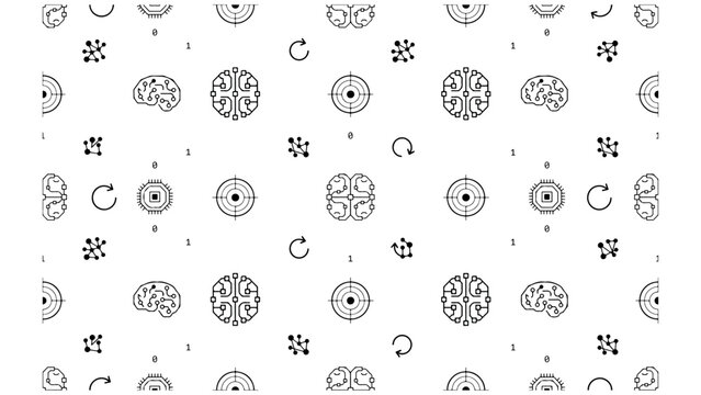 Seamless pattern with various technology icons, displaying repeating elements like circuits, brains, targets, binary code, and refresh symbols on transparent background.