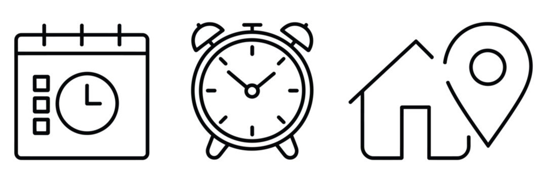Time and location icons, hourglass, calendar, clock, flag, stopwatch, minimal line design, address line icons, navigation outline symbols for ui, gps and business mapping interface elements.