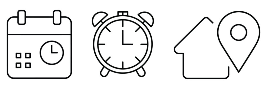 Time and location icons, hourglass, calendar, clock, flag, stopwatch, minimal line design, address line icons, navigation outline symbols for ui, gps and business mapping interface elements.