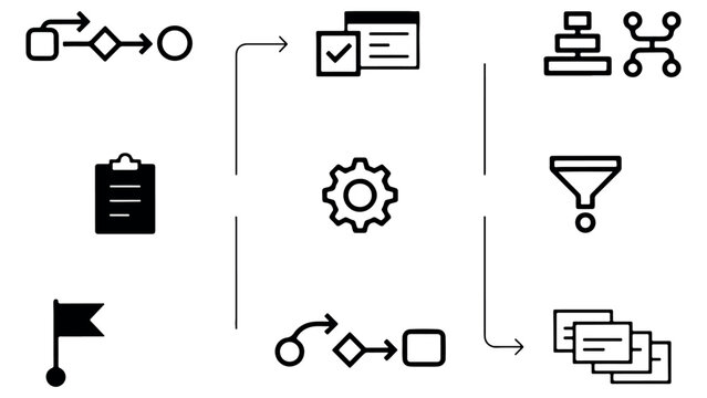 Process optimization workflow diagram with central gear icon connected to checklist filter flowchart and document management steps on grid background.