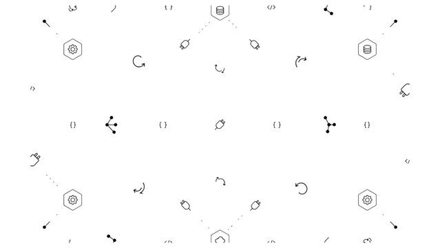 Abstract technology pattern with hexagonal icons representing database gear cloud and connectivity symbols scattered over a transparent checkered backdrop.