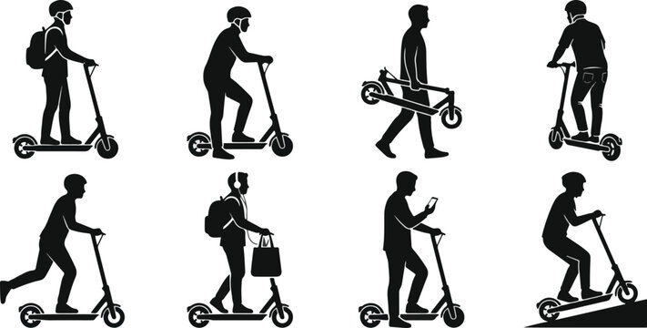 Electric kick scooter riders and city commuter silhouettes vector set
