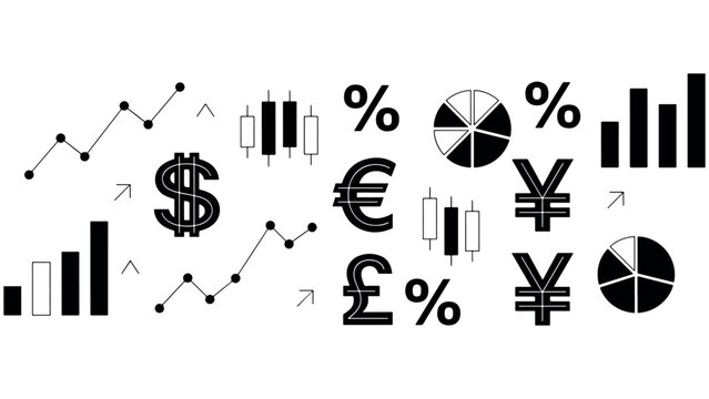 Finance growth chart elements with currency symbols like dollar euro yen and pound percent signs and pie charts and candlestick charts.