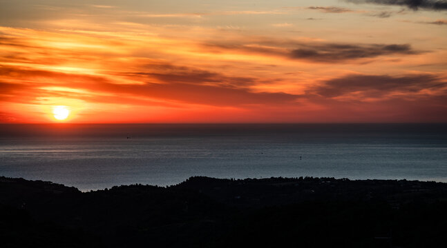 Adriatic Sea. Spectacular aurora and sunrise seen from the village of Ripatransone, in the Marche region.