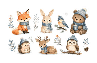 Fototapeta premium Cute watercolor woodland animals with soft winter accents, animals, woodland, fox, rabbit, bear, bird, watercolor, cute, winter,