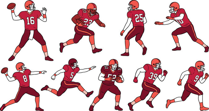 American Football Player Vector Action Pose Set Featuring Quarterback Throwing Running Back Rushing and Defenders in Uniform for Sports Graphics and Team T-Shirt Designs