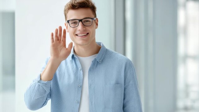 Portrait of cheerful young man in eyeglasses waving hello, standing indoors in a contemporary workspace. Positive expression and casual style highlight approachability and modern professionalism