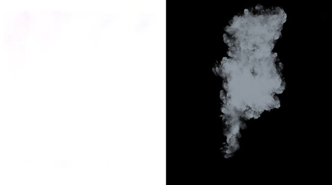 Atmospheric white smoke plume on black background, ethereal steam cloud texture, realistic fog effect for compositing and visual design