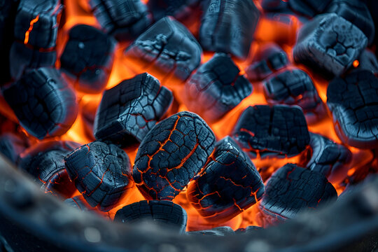 Charcoal briquettes glowing with ember heat in closeup