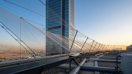 Fototapeta premium Modern skyscraper rooftop with safety net and industrial elements against clear sky