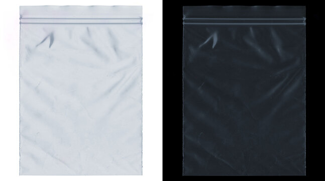 Transparent plastic zipper bag mockup set, clear polyethylene pouch with zip lock, wrinkled texture poly bag on white and black background