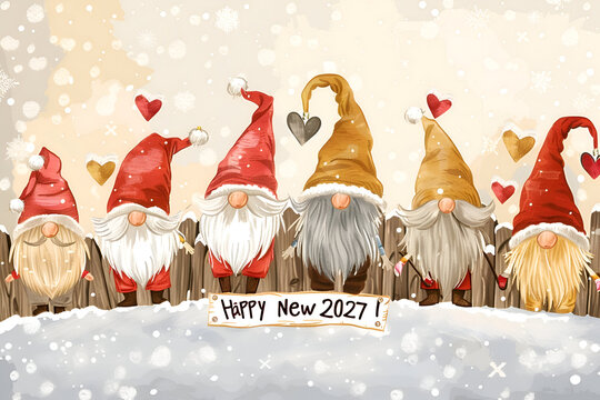 Row of festive gnomes wearing hats celebrating snowy new year