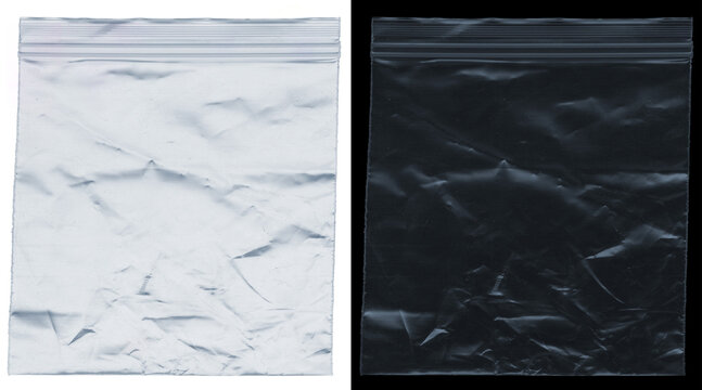 Transparent plastic zipper bag mockup, wrinkled polyethylene zip lock pouch on white and black backgrounds, clear synthetic storage bag texture