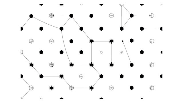 Abstract digital data network grid with hexagonal nodes connecting binary code points representing complex information flow and machine learning structure.