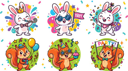Naklejka premium Cartoon rabbits and squirrels celebrate a joyful party with colorful confetti and festive accessories