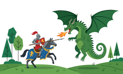 A brave knight on horseback battles a fire-breathing green dragon in a fantasy landscape.