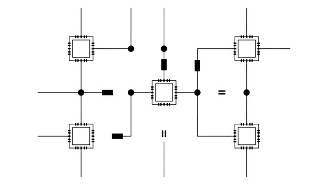 Technical diagram showing integrated circuits and digital microchip components connected by electrical lines for engineering and logic processing visual.