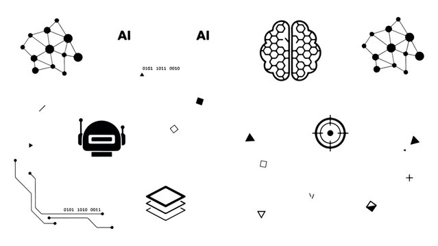 Artificial intelligence icons set with human brain neural network robot head machine learning data layers and target symbols for futuristic tech design.
