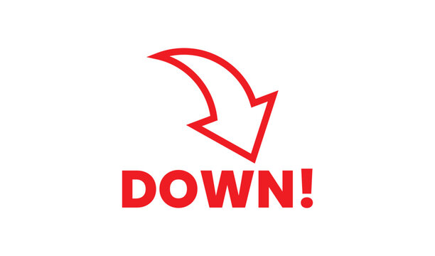 Red arrow pointing down with bold text on vector