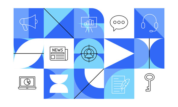 Digital Marketing Line Geometrical Concept. Vector Banner Illustration. Minimal Outline Composition for Social Media Content. Icon Linear BG.