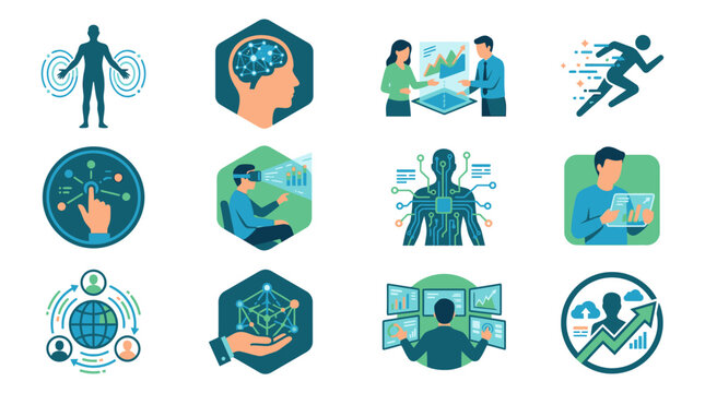 Set of futuristic technology and business concept icons.
