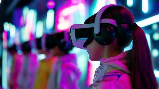 Girl wearing VR headset in a neon arcade