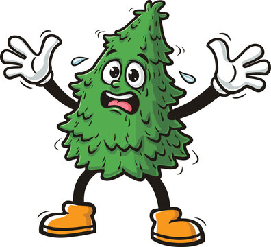 Cartoon mascot of a spruce tree is panicking and scared