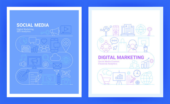 Social Media Line Concept Posters. Vector Illustration of Linear Banner Set. Digital Marketing Icons. SEO Analytics Outline Design.