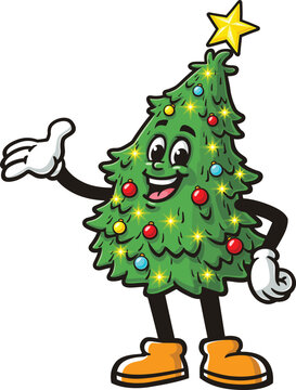 Christmas tree cartoon mascot with welcoming pose