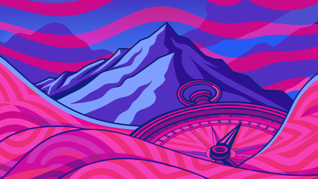 Cragged mountain peaks wrapped in swirling ribbons of iridescent silk fog that morphs color from magenta to tangerine.