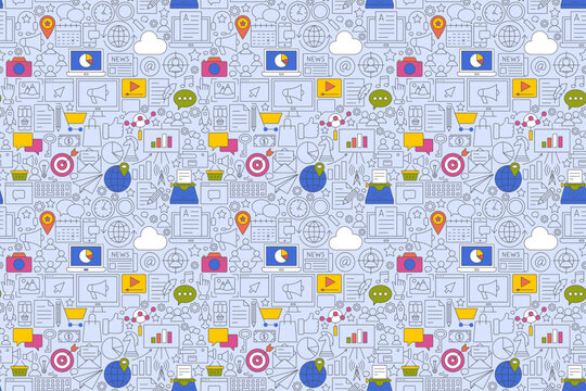 Digital Marketing Outline Art Seamless Pattern. Vector Illustration of Linear Bg. Social Media Objects. Minimal Line Background Design.