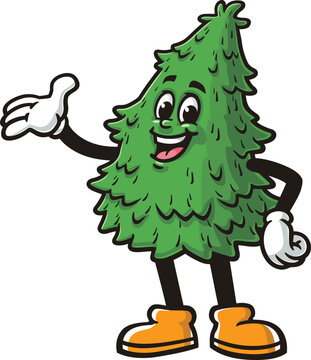 Cartoon mascot of a spruce tree in a welcoming pose