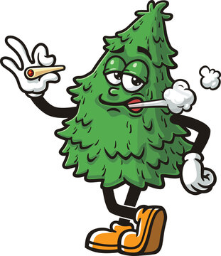 Cartoon mascot of a spruce tree smoking