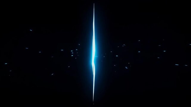 Bright blue laser beam splitting vertically on a pitch black background with fine particles. Futuristic technology and light speed concept