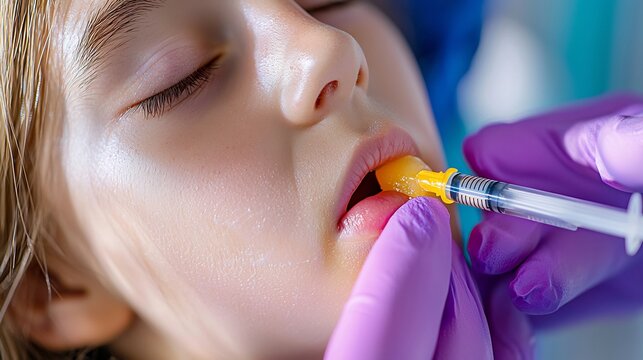 Close-up of dental professional applying yellow topical anesthetic gel to a child's gums using a syringe for numbing