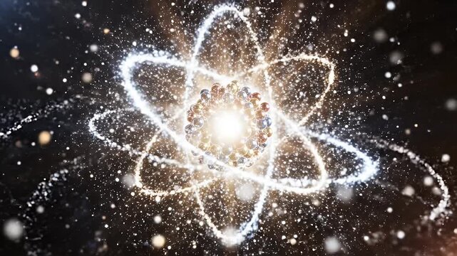 A vibrant atomic nucleus with electrons orbiting in a digital art style.
