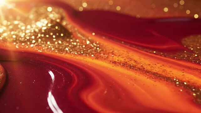 Close-up abstract of shimmering gold glitter embedded in flowing red liquid.