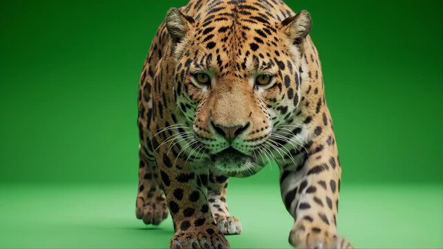 Jaguar Walking on Green Background with Black Borders Featuring Wild Cat, Big Cat, Spotted with Feline and Predator Elements for Animal, Nature