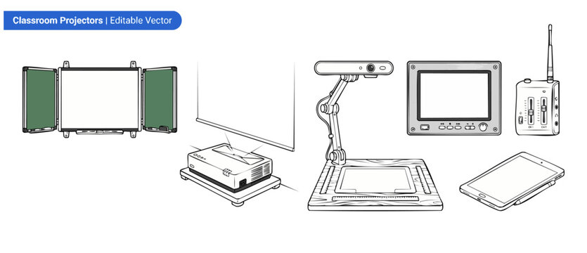 Classroom projector vector line icons showing educational presentation technology and interactive school board equipment for multimedia learning, teaching tools, and modern academic classroom setups.