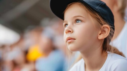 Obraz premium Young girl intently watching a sports match, showing concentration and excitement, participating as a spectator at a game