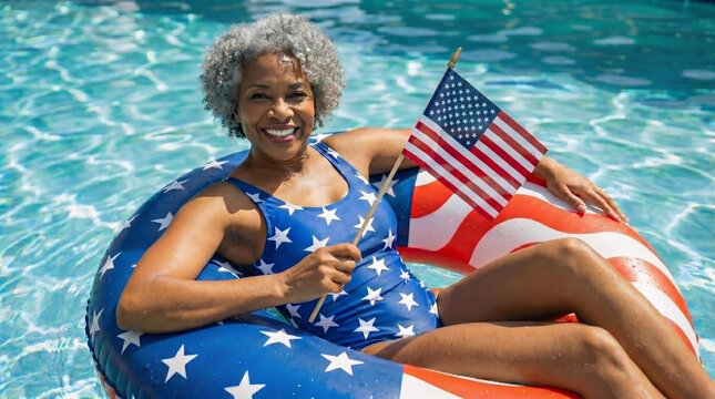 Black senior woman holding American flag while relaxing on patriotic pool float in swimming pool celebrating 4th of July and Independence Day, summer leisure, freedom and American pride